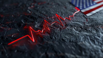 Fototapeta premium Heartbeat on textured background with US flag - A bold red heartbeat line crossing over a moody textured surface with an American flag partially visible