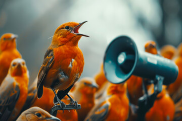 A group of birds are gathered around a microphone, with one bird speaking into it. The scene is lively and energetic, with the birds seemingly enjoying themselves and the music they are creating - obrazy, fototapety, plakaty