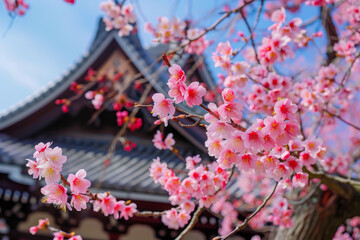 A tree with pink flowers is in front of a building. The flowers are in full bloom and the tree is very tall. The building is a pagoda and the sky is blue