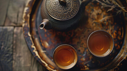 Top view of hot tea and teapot