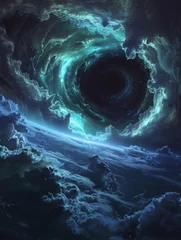 Fotobehang Majestic Cosmic Vortex Amongst Clouds - A dark swirling cosmic vortex illuminated by vibrant turquoises and teals, casting an otherworldly light over surrounding clouds © Tida