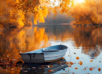 Photo of small boat on river in park with autumn trees and colorful foliage, reflection in water,...