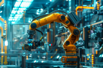 A robot with the number 5 on its arm is in a factory. The robot is surrounded by other robots and machinery. The scene is industrial and futuristic