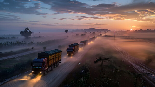 Aid convoy of trucks on a mission at dawn heading through a misty landscape
