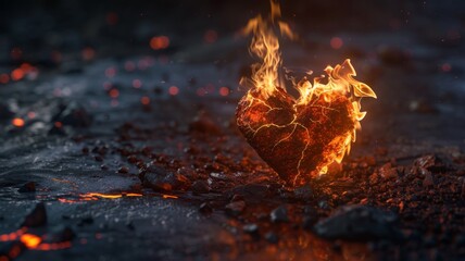 Burning heart in a molten landscape - A heart-shaped stone on fire amidst a molten landscape, representing love's durability in adversities