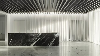 A contemporary space featuring a black marble reception desk, white curtains, a black and white striped ceiling, and a single white door