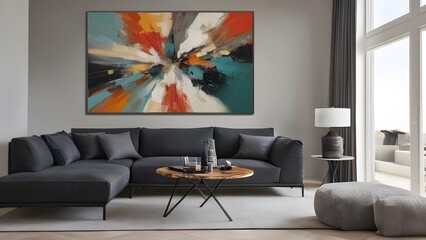 Interior design, wall art mockup, gray and black theme, drawing room with black sofa set
