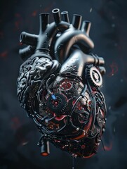 Futuristic cybernetic heart with red hues - A highly detailed cybernetic heart with red lights and black metal textures, epitomizing futuristic medical technology