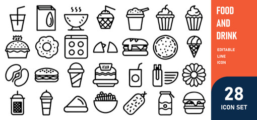 Food and Drink Line Editable Icons set. Vector illustration of gastronomic related icons meat, fast food, main dishes, pastries, desserts, Asian cuisine, and drinks. Isolated on white