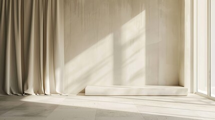 Fototapeta na wymiar Aesthetic minimalist interior design template featuring a neutral modern empty room with sunlight casting shadows, a white blank wall, beige linen curtains, and a stone floor or tabletop
