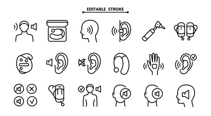Hearing aid lineicons set. Editable stroke. Auditory. Ear and hearing aid. Not listen. Search auditory. Vector Icons Set. Simple Style Pictogram. For better hearing, icon collection.