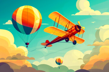 A red airplane flies through the sky with two hot air balloons following it. The scene is filled with bright colors and a sense of adventure