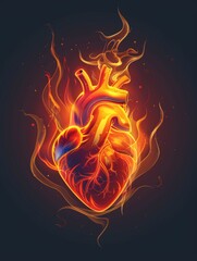 Fiery human heart glowing against dark - A vibrant display of a human heart engulfed in dynamic flames, symbolizing intense emotions and vitality