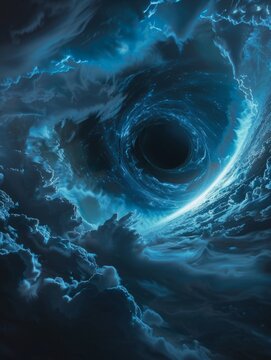 Majestic blue whirlpool of black hole - A spectacular portrayal of a black hole, depicted as a blue whirlpool amidst the dark void of space, drawing light around it