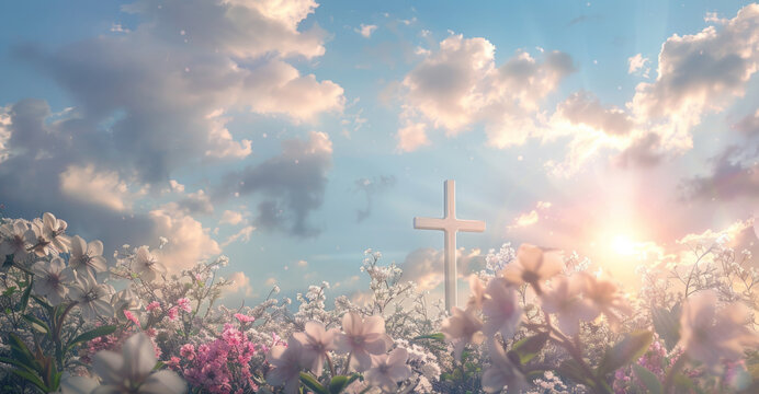 Sunlit cross amidst blooming flowers - A tranquil setting with a wooden cross amid a beautiful bloom under a heavenly sky This image conveys peace and spirituality