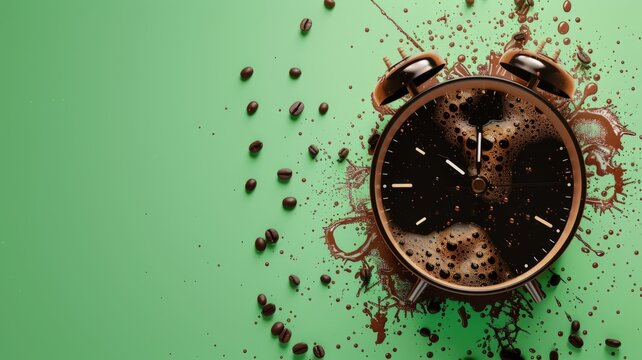 Exploding Coffee Alarm Clock on Green Background - Alarm clock with coffee explosion amidst coffee beans on a vibrant green backdrop.
