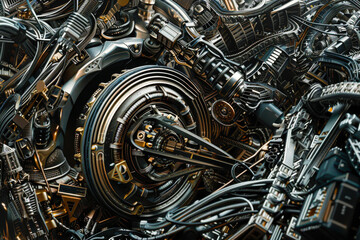 A close up of a machine with many parts and wires. The image is abstract and has a futuristic feel to it