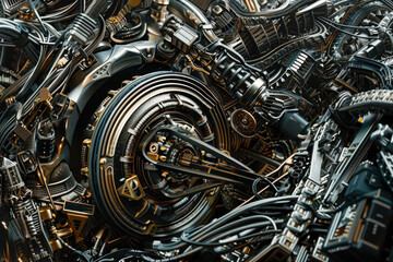 Fototapeta premium A close up of a machine with many parts and wires. The image is abstract and has a futuristic feel to it