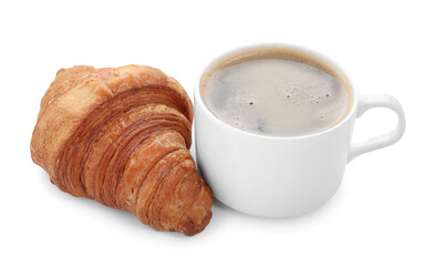 Tasty breakfast. Cup of coffee and fresh croissant isolated on white