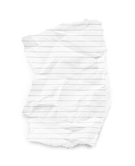 Piece of crumpled lined notebook sheet isolated on white, top view