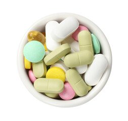 Different vitamin capsules in bowl isolated on white, top view