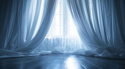 Curtains drape over a window brightly illuminated from behind - obrazy, fototapety, plakaty
