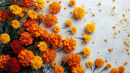 Decorative square arrangement of orange and yellow marigolds on a card banner, ideal for festive greetings or entrance curtain decorations