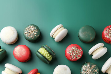 Beautifully decorated Christmas macarons on green background, flat lay