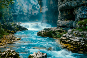 A river with a waterfall flowing through a rocky canyon. The water is clear and the rocks are jagged. The scene is serene and peaceful, with the sound of the water