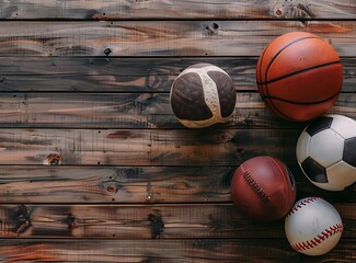 Photo of various sports balls on a wooden background, including a football ball and basketball...