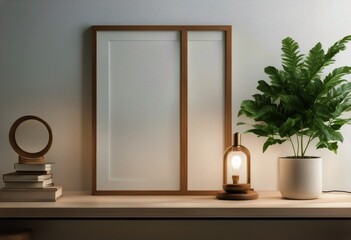 white frame mockup empty books plant style green background pot japandi wall vertical lamp wooden warm format rendering 3d A4 trailing A3 Small shelf interior