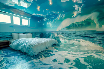 A bedroom with a mural of the ocean on the wall. The bed is white and the room is decorated with blue accents