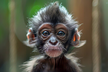 A baby monkey with a cute face and a tuft of hair on its head