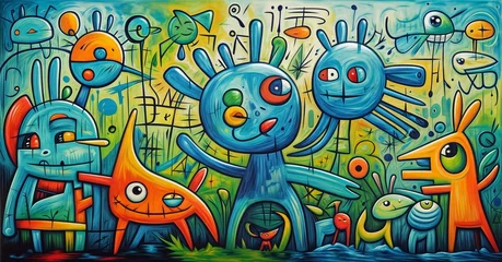 Outdoor kussens A colorful painting featuring a group of cartoon animals interacting in a lively scene © Constantine Art