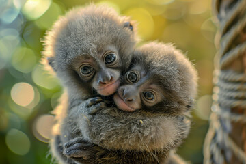 Fototapeta premium Two baby monkeys are cuddling each other. Concept of warmth and affection between the two young animals