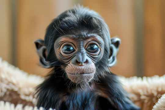 A baby monkey with big eyes and a black face. It is sitting on a blanket