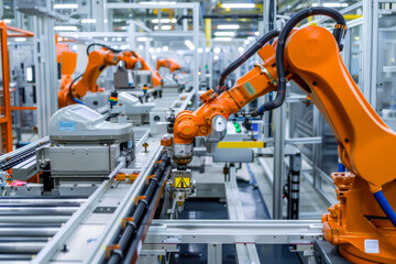 A factory with robots working on a conveyor belt. The robots are orange and are working on a line of products