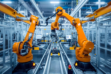 Two robots are working in a factory. The robots are orange and are working on a conveyor belt