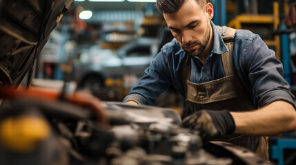 Auto Mechanic Working on Car Engine in Workshop. Focused Technician Repairing a Vehicle in Auto Service Garage