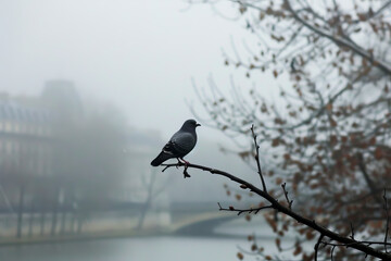 Fototapeta premium A bird is perched on a branch in a foggy, misty day. The bird is small and black, and it is sitting on a thin branch of a tree. The scene is quiet and peaceful