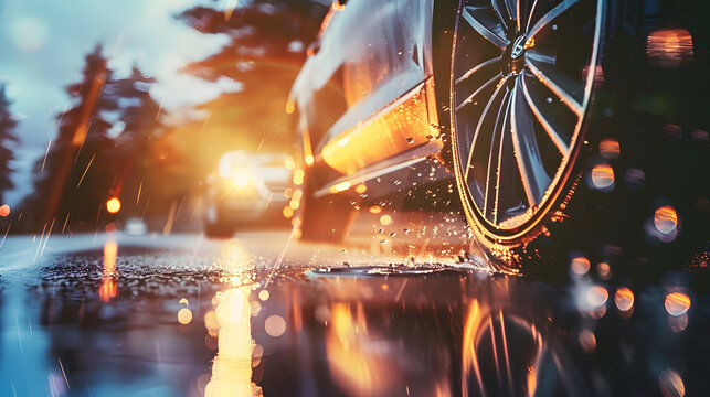 Close-up image of a car driving through a wet road after rain.