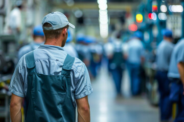 A man in a blue jumpsuit walks down a long hallway with other people in blue jumpsuits