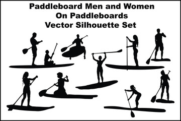 Paddleboard men and women on paddleboards Vector Silhouette Set