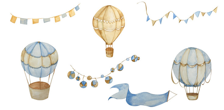 Set Vintage Watercolor Balloons with Garlands, Flags. Pastel Shades Beige and Blue. Children's Illustration. For Design Children's Room, Accessories, Clothes, Postcard, Dishes, Shop Windows, Website