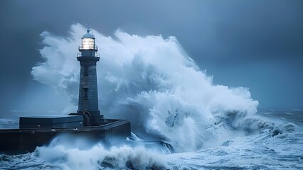 Fototapeta na wymiar Resilient lighthouse standing strong amidst stormy seas as a symbol of coastal protection. Concept Coastal Resilience, Lighthouse Strength, Stormy Seas, Symbolic Protection
