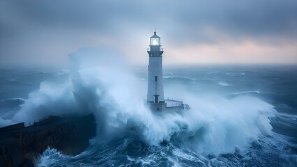 Fototapeta na wymiar Resilient lighthouse standing tall in stormy seas as a symbol of coastal protection. Concept Lighthouse, Resilience, Coastal Protection, Stormy Seas