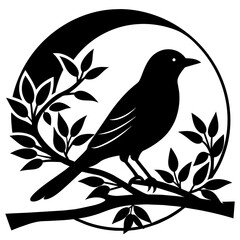 Bird Silhouette on Sunset Branch Vector Illustration for Wall Art & Posters white background