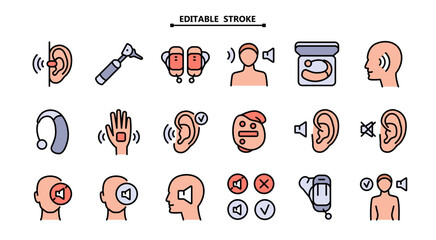Hearing aid color icons set. Editable stroke. Volume booster for ears, for the deaf old and young. Search auditory. For better hearing, color icon collection.