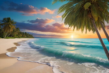 A stunningly realistic beach scene in 4K Ultra HD, with crystal clear turquoise waters, golden...