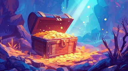 An empty treasure chest in vibrant cartoon colors depicted through a 2d illustration